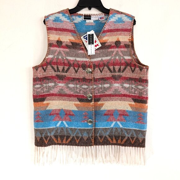 RHONDA STARK Vest VTG‎ Women's M Santa Fe Fringe Blanket Native Southwest USA - Picture 1 of 14